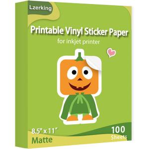 Lzerking Printable Vinyl Sticker Paper for Inkjet Printer 100 Sheets Matte White Waterproof 8.5x11 Inches