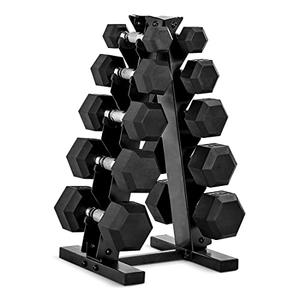 CAP 150 LB Rubber Coated Hex Dumbbell Hand Weight Set with Vertical Storage Rack - Chrome Handle | Black Rack