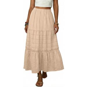 BLENCOT Women's Long Skirt Boho Crochet Lace Tiered High Waisted Cotton A-Line Flowy Maxi Skirt (S)