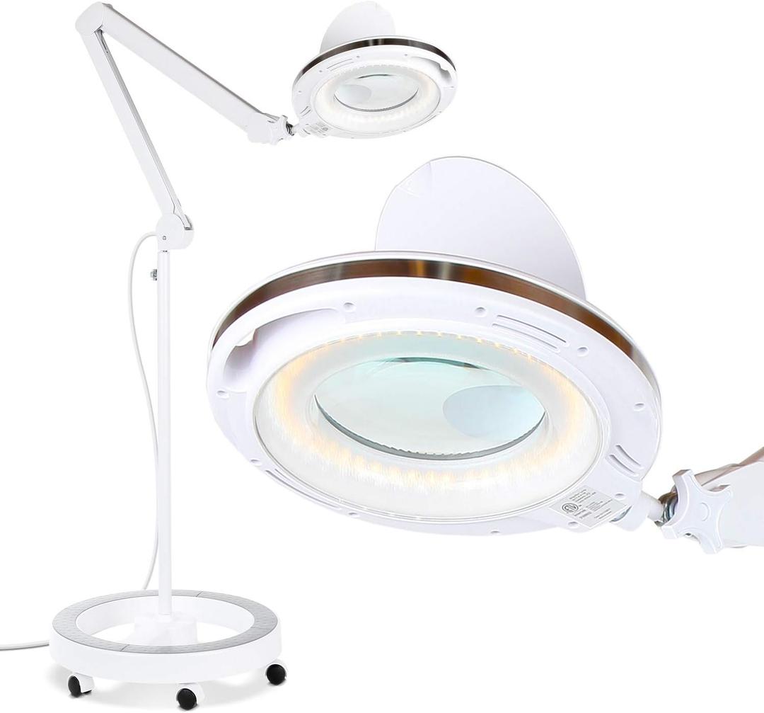 Brightech LightView Pro Magnifying Glass with Light and Stand, Magnifying Floor Lamp with a 6-Wheel Rolling Base for Facials, Lash Estheticians, Dimmable LED Work Light for Sewing, Crafts (3 Diopter (1.75x), White)