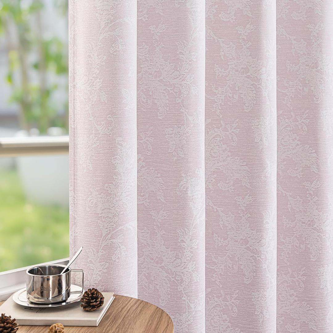 FMFUNCTEX Pink Floral Jacquard Blackout Curtains 84 Inches Long for Girls Bedroom, Scroll Flower Chenille Farmhouse Curtains for Nursery Room Darkening Thermal Insulated Grommet Window Drapes 2 Panels, 52"W x 84"L (Pack of 2)