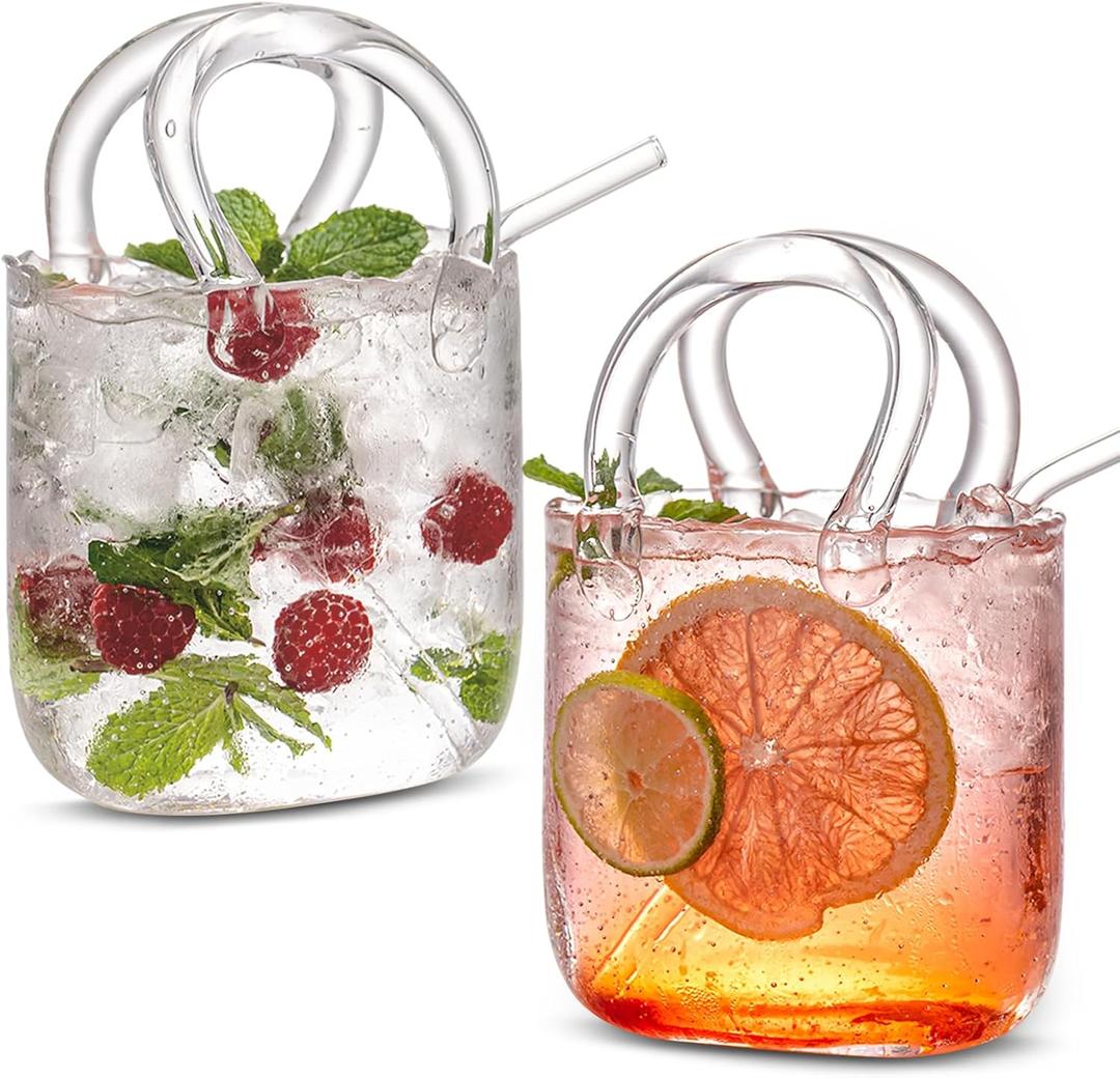 Glass Purse for Drinks Set of 2,24oz Unique Funky Thick Wine Glasses Gifts for Women Party,Fish Bowl Vase,Creative Unique Drinking Glass for Fruit Juice,Tea,Matcha,Coffee,Flowers (Bubbled)