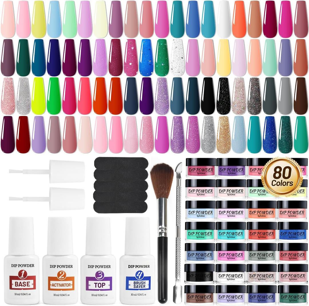 Openlive 84 PCS Dipping Powder Nail Professional Kit with Base Coat Top Coat Activator, 80 Multi-Color Kit Dipping Powder Includes Nail Tools