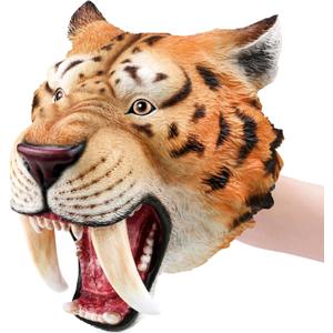 Gemini&Genius Saber-Toothed Tiger Hand Puppet, Saber-Toothed Wild Animal Puppets Toys, Soft Rubber- Realistic Action Figure Toys- Role Play, Storytelling and Play Games for Kids-Yellow