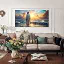 Large Jesus Canvas Wall Art Jesus Walking on Water Wall Decor for Living Room Office Inspirational Christian Picture Prints Sunset Ocean Coastal Painting Religious Poster Artwork Decorations 24x48”