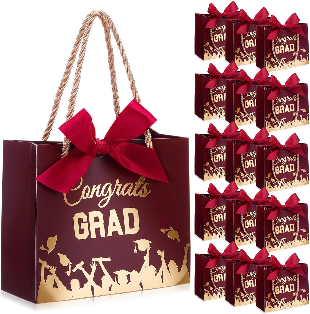 Tenceur 40 Pack Mini Graduation Gift Bag with Ribbon 5.5 x 2.4 x 4.7 Inch 2026 Congrats Grad Party Favor Bag Small Graduation Goodies Candy Snack Packing with Handle for Congratulation Decor, Wine Red