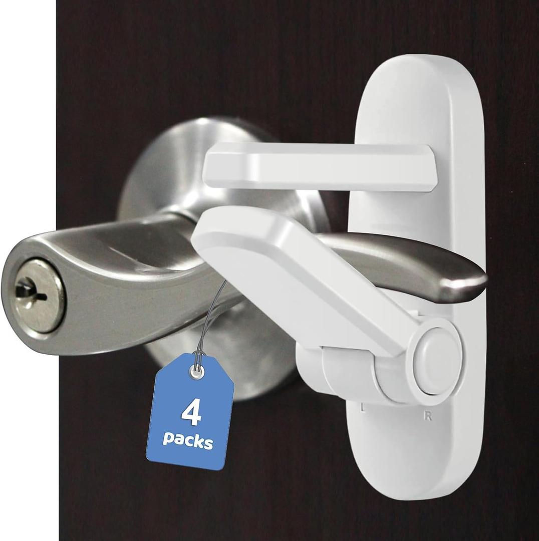 Childproof Door Lever Lock Baby safety locks for doors (4 Pack) Improved door safety for kids, 3M Adhesive No Drilling Child Safety Door Handle Lock. Simple Install, No Tools Needed (White, 4)