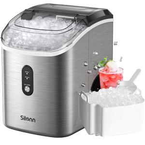 Nugget Ice Maker Countertop, Silonn Chewable Pellet Ice Machine with Self Cleaning Function, Pebble Portable Ice Maker with Ice Scoop for Home Kitchen Office, Stainless Steel