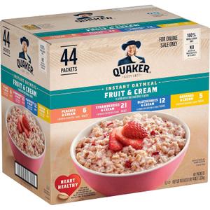 Quaker Instant Oatmeal Fruit & Cream Variety Pack, Single Serve Packets, (44 Pack) (EXP 01/12/27)