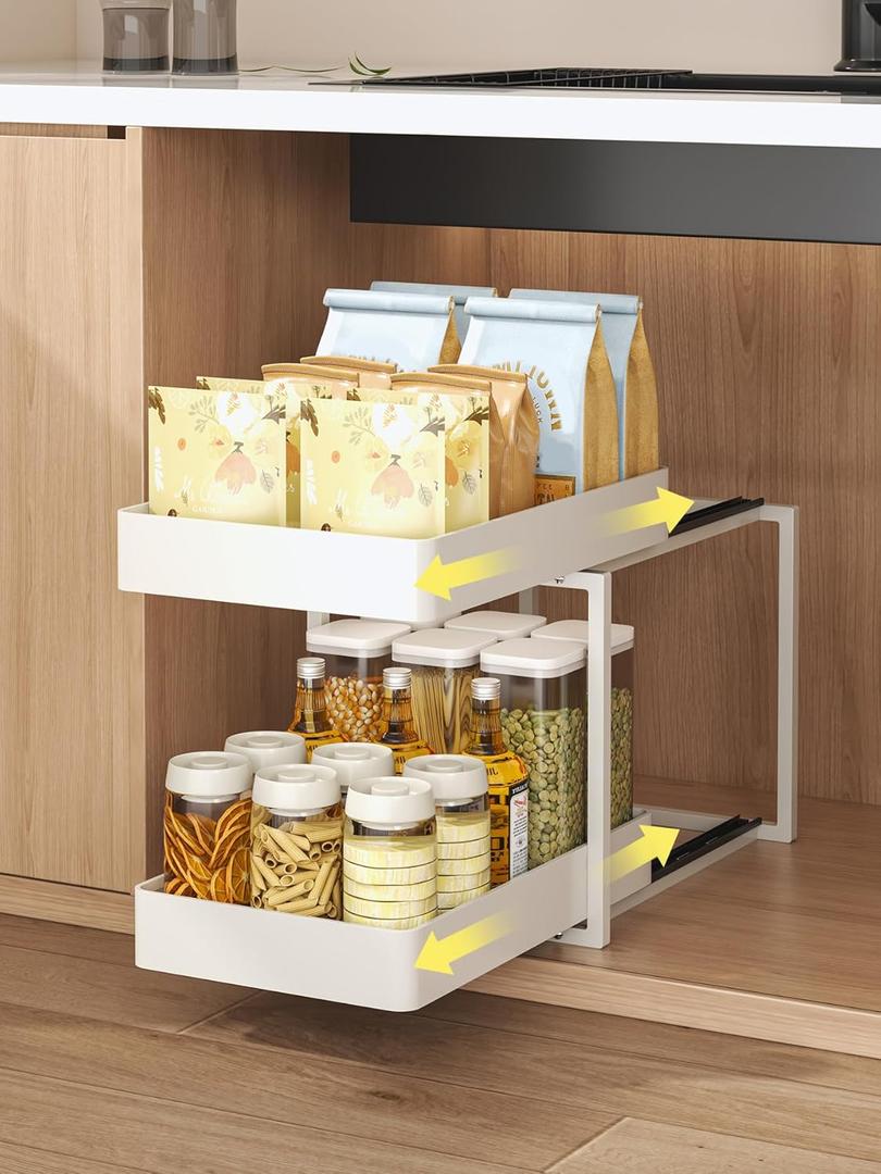 2 Tier Pull Out Cabinet Organizer with Sliding Basket Bathroom Cabinet Organizer, Bathroom Kitchen Multi-Purpose Under Sink Organizer and Storage Cabinet in Metal 1 pack (white)