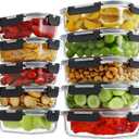 HOMBERKING 10 Pack Glass Meal Prep Containers with Locking Lids, Glass Food Storage Containers Set, Airtight Glass Lunch Bento Boxes, BPA-Free & Leak Proof, 36oz & 14oz, Freezer, Oven, Black