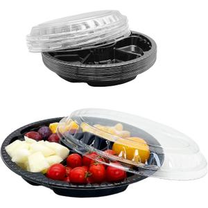 12PCS Disposable Fruit Trays, Round Plastic Appetizer Serving Tray with Lid 6 Compartment Party Platters Divided Food Dip Containers for Snack Vegetable Salad Veggie Fruit Organizer-Black