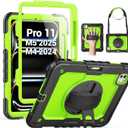 SEYMAC for iPad Pro 11 Inch Case M5 2025 / M4 2024, Heavy Duty Shockproof Protective Case with Screen Protector, 360 Rotating Stand, Hand/Shoulder Strap and Pen Holder, Green