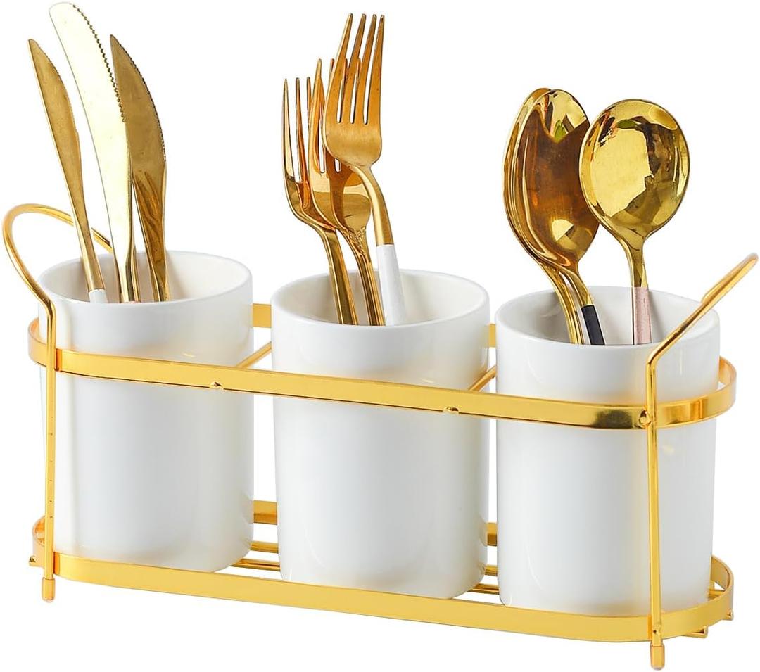 3-Piece White Ceramic Silverware Holder for Party Countertop, Utensil Holder with Golden Metal Rack Flatware Caddy Cutlery Storage Organizer for Kitchen Table (White+Gold A)