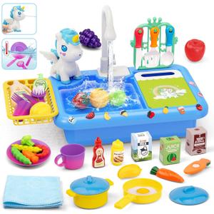 deAO Play Sink with Running Water,Color Changing Children Electric Dishwasher Upgraded Real Faucet and Play Dishes,Pretend Role Play Toys for Kids (Blue)