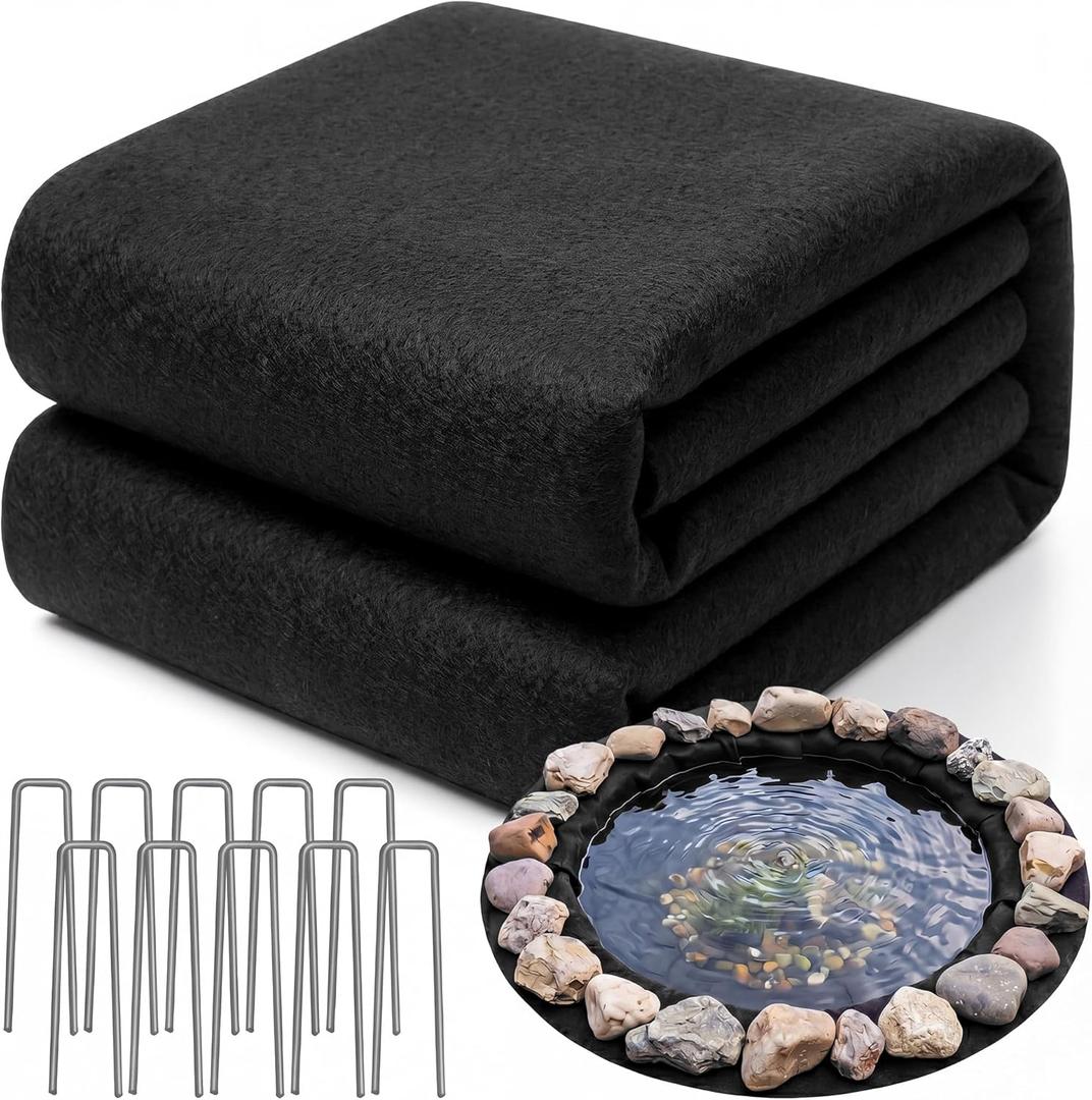 Fanfanwin 12 ft Round Pond Liner Underlayment 6oz Heavy Duty Black Non Woven Geotextile Underlayment Fabric with 10 U-pins for Outdoor Pond Streams Fountains Garden Waterfalls Fishpond Weed Barrier
