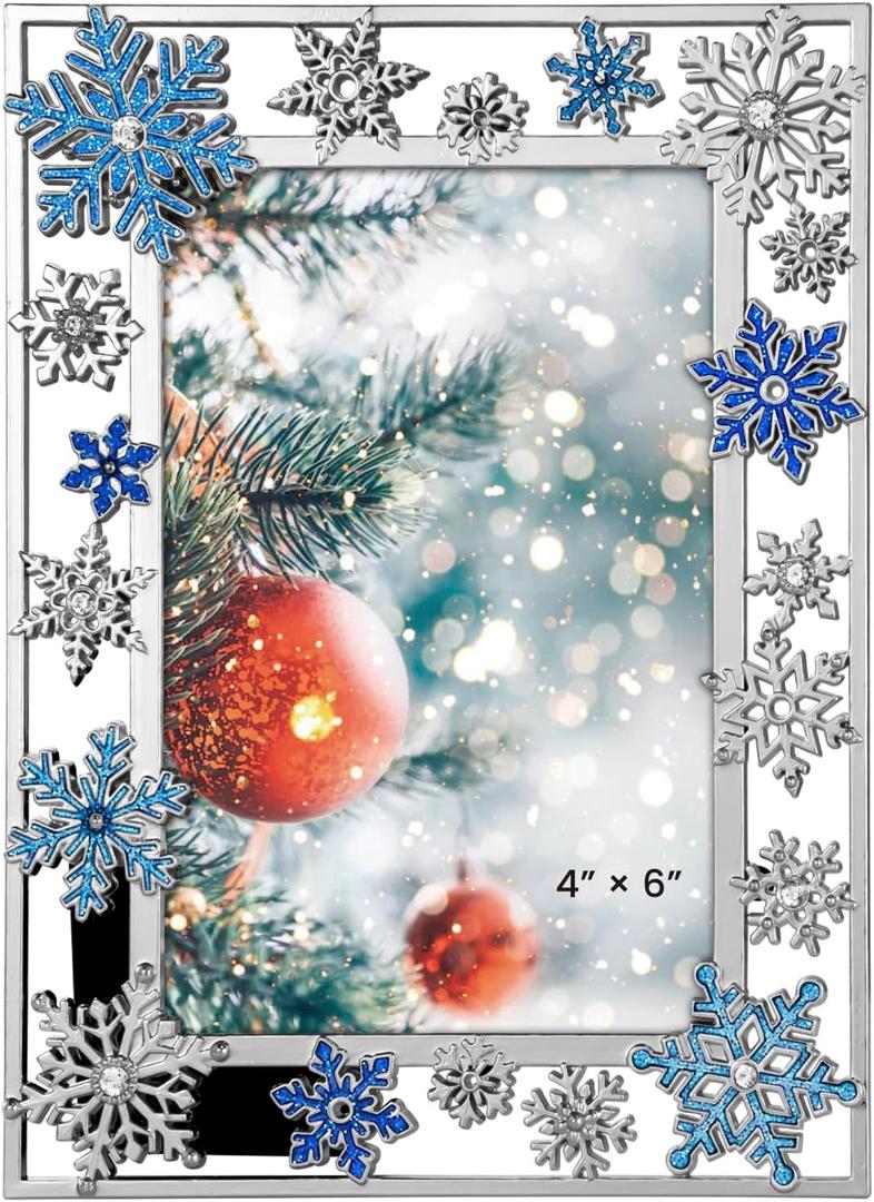 GUOER Christmas Decorations Photo Frame 4x6 Inch Snowflake Christmas Metal Photo Display Picutre Photo Frames with High Definition Glass Front Gift Ideas Tabletop Home Decorative (Blue)