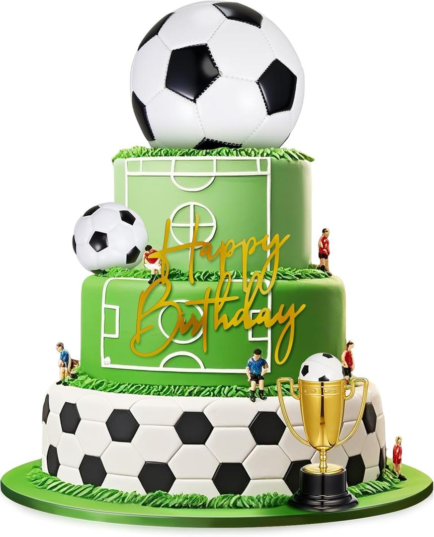 Large Soccer Ball Cake Toppers 8pcs Include 5 Soccer Balls of Different Sizes 2 Trophies and 1 Happy Birthday Sign for Football Cake Decorations Sport Theme Party Favors Ceremony