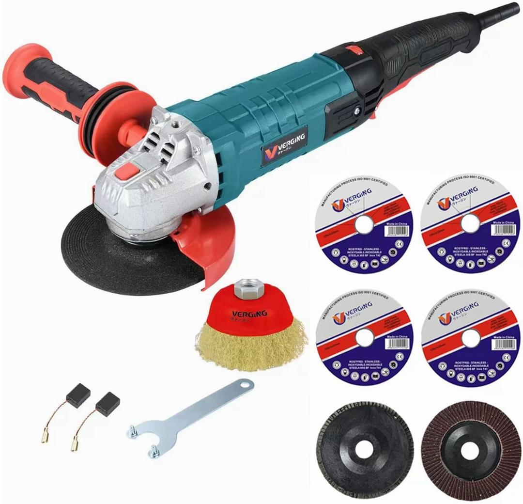 VERGING Angle Grinder, 4 1/2 Angle Grinder 12-Amp, 1400W Multifunctional High Power Grinder Tool with Grinding and Buffer Polishing Capabilities, Non-Slip Handle, and Auxiliary Handle Shockproof