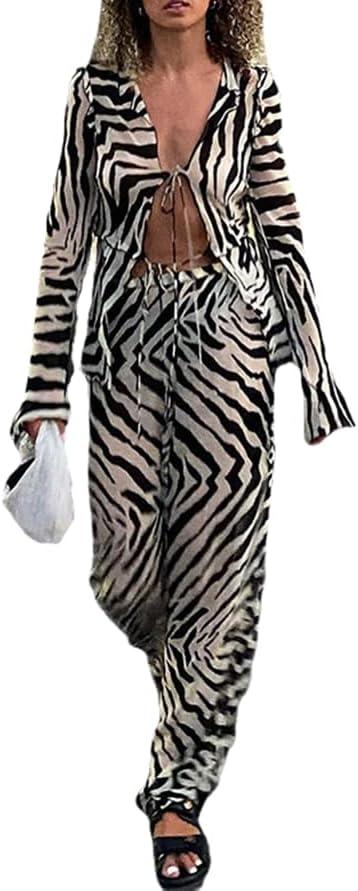 THLAI Sexy 2 Piece Sets for Women Zebra Print Long Sleeve Tops and Wide Leg Pants Mesh Summer Clubwear Vacation Outfits, Size: Small