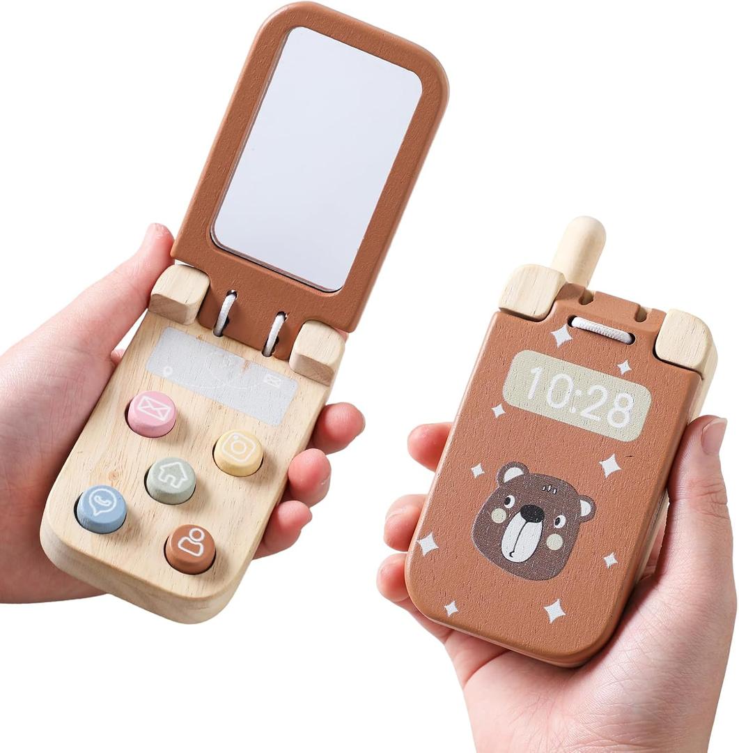 Wooden Baby Cell Phone Toy, Flip Pretend Play Phone for Toddlers - with Mirror & Functional Buttons, Enhance Fine Motor Skills, Natural Wood Toy , Ideal Gift for Kids 1 - 3