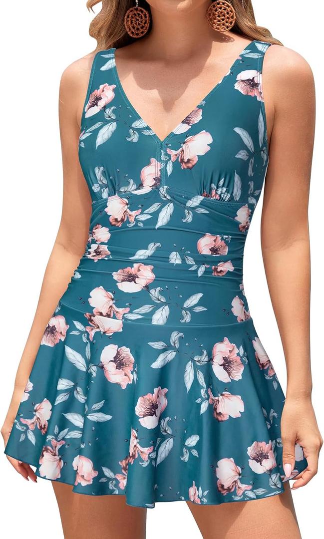 SHEKINI Women's V Neck One Piece Skirt Swimsuit Ruched Retro Swimdress Bathing Suit (Large, Deep Green - Flower)