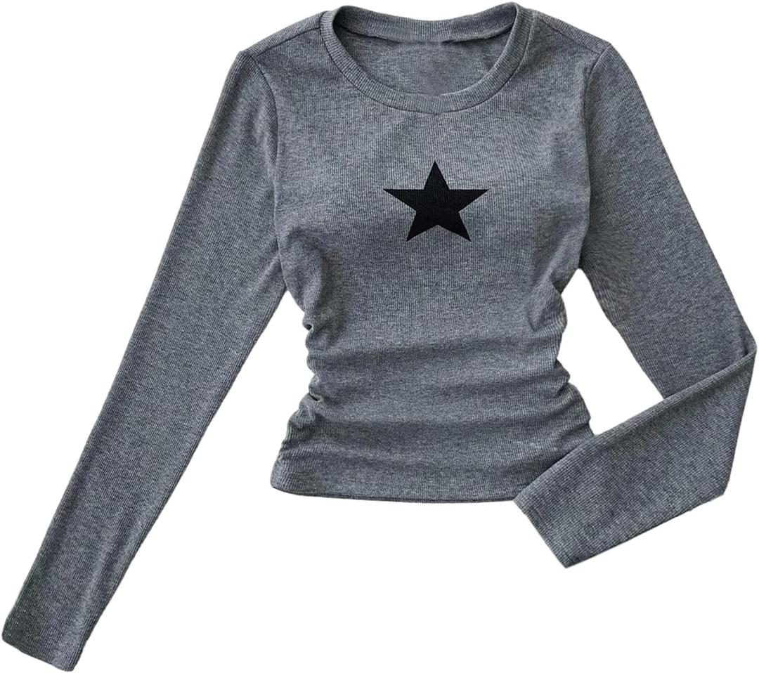 SOLY HUX Girl's Y2k Long Sleeve Top Star Graphic Ruched Fitted Tee Shirts Fall Streetwear (Gray)