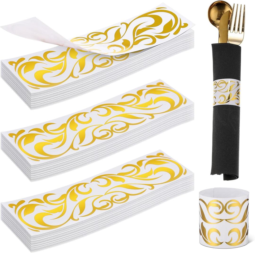 500 Pcs Gold Napkin Bands Disposable Napkin Rings Self Adhesive with Gold Trim Firm and Not Loose Wraps Bands Table Setup Wedding Event Party Supply