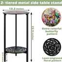 2-Tier Metal Round Side Table Black Accent Coffee Tables Small Space Corner Plant Stand Shelf for Indoor Outdoor Use Patio Balcony End Table Butterfly Print Weather-Resistant