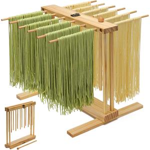 Collapsible Pasta Drying Rack, Wood Pasta Dryer Hanger Rack, Spaghetti Noodle Drying Hanging Rack Stand with 12 Bars and Transfer Wand, Foldable for Easy Storage
