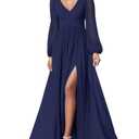 firfig Women's Elegant Mesh Long Sleeve Flare Maxi Dress Tie Low Back Formal Cocktail Maxi Dresses Wedding Guest, Navy Blue X-Large
