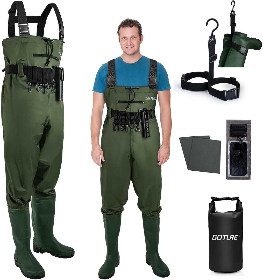Goture 2-Ply Nylon/PVC Waterproof Fishing Waders for Men Women, Chest Waders with Boots, Hidden Top Pocket, Fishing Hip Wader (13)