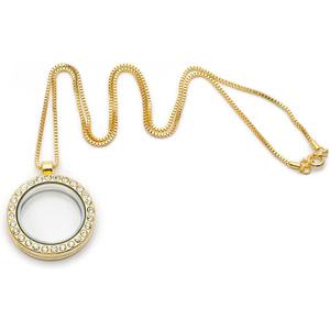 RUBYCA Living Memory Floating Charm Round Glass Locket Pendant Necklace 20 Inches 1pcs Gold Tone White Crystal