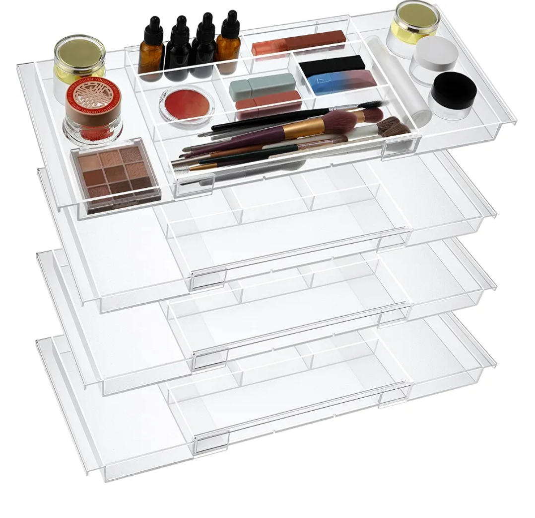4pack Shallow Expandable Drawer Organizer, Adjustable 12.5”–20” Clear Plastic Drawer Organizer Tray for Vanity Bathroom Desk Kitchen Drawers, Multi Compartment Storage