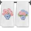 Chinoiserie Peony Hydrangea Kitchen Towels, Grandmillennial Floral Dish Tea Towels for Kitchen Decor, Blue and White Porcelain Flower Hand Towel for Bathroom Decor, 16x24 Inch Set of 2