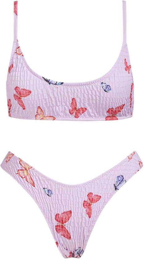 Women's Triangle Bikini Set Smocked Textured Scoop Frilled Print Ruched Elastic Swimsuit Two Piece Bathing Suit Medium