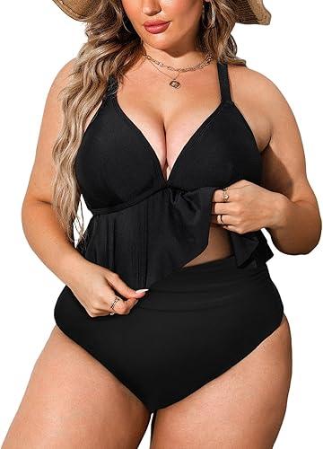 CUPSHE Women Swimsuit Plus Size Bikini Set Two Piece Bathing Suit V Neck High Waisted Flowy Ruffle Hem Floral (Large, Black)