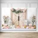 1st Birthday Photography Backdrop Pink Floral Rustic Barn Door Girls One Year Photo Background Farmhouse Flowers Princess Fairy Portrait Cake Table Decorations 71X47inch