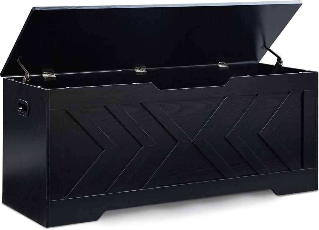 47.2 Storage Bench,Extra Large Wooden Storage Chest with 2 Safety Hinges,entryway Bench,Blanket Storage,Shoe Storage Bench for Entryway,Bedroom,Living Room,Easy Assembly-Black
