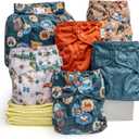 Kinder Cloth Diapers Reusable Baby Diapers Pocket Style Athletic Wicking Jersey, Bamboo Viscose Inserts, Wet Bag, Newborn to Potty Training 7-60lbs, One Size (Big Adventure, 5 Pack, With Inserts)