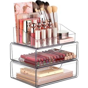 Vtopmart 3 Tier Clear Makeup Organizer with Drawer, Cosmetic Storage for Dresser Countertop and Bathroom Vanity, Beauty Holder for Lipstick Brush Skincare