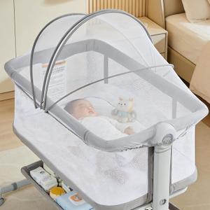 Baby Bassinet, 3-in-1 Portable Bedside Sleeper for Newborn All Mesh Sides Breathable with 6 Height Adjustments, 1-7 Anti-Reflux Incline, Detachable Mosquito Net, Storage Basket & 360 Lockable Wheels