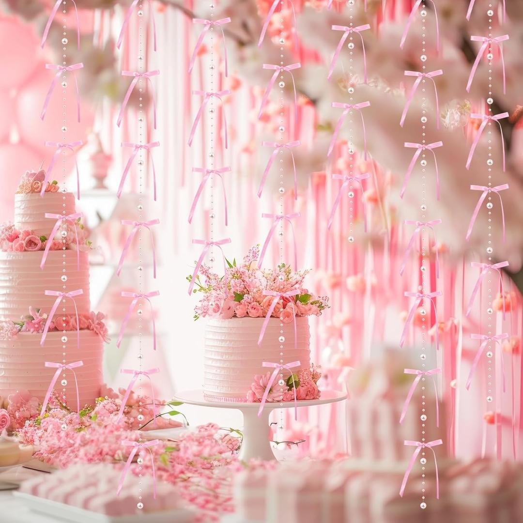 Pink Bows Birthday Decorations 6. 6 ft Satin Ribbon Bow Hanging Garland with Pearl 48 Pcs Pink Bows Coquette Party Decorations for Bachelorette Baby Shower Tying The Knot Bridal Wedding