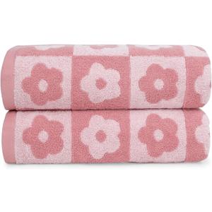 2-Pieces Luxury Bath Towels Checkered Floral, Pink Towels for Women Girls Shower Body 27.5x55 Inches, Cute Decor for Bathroom & Pool Days, Cotton