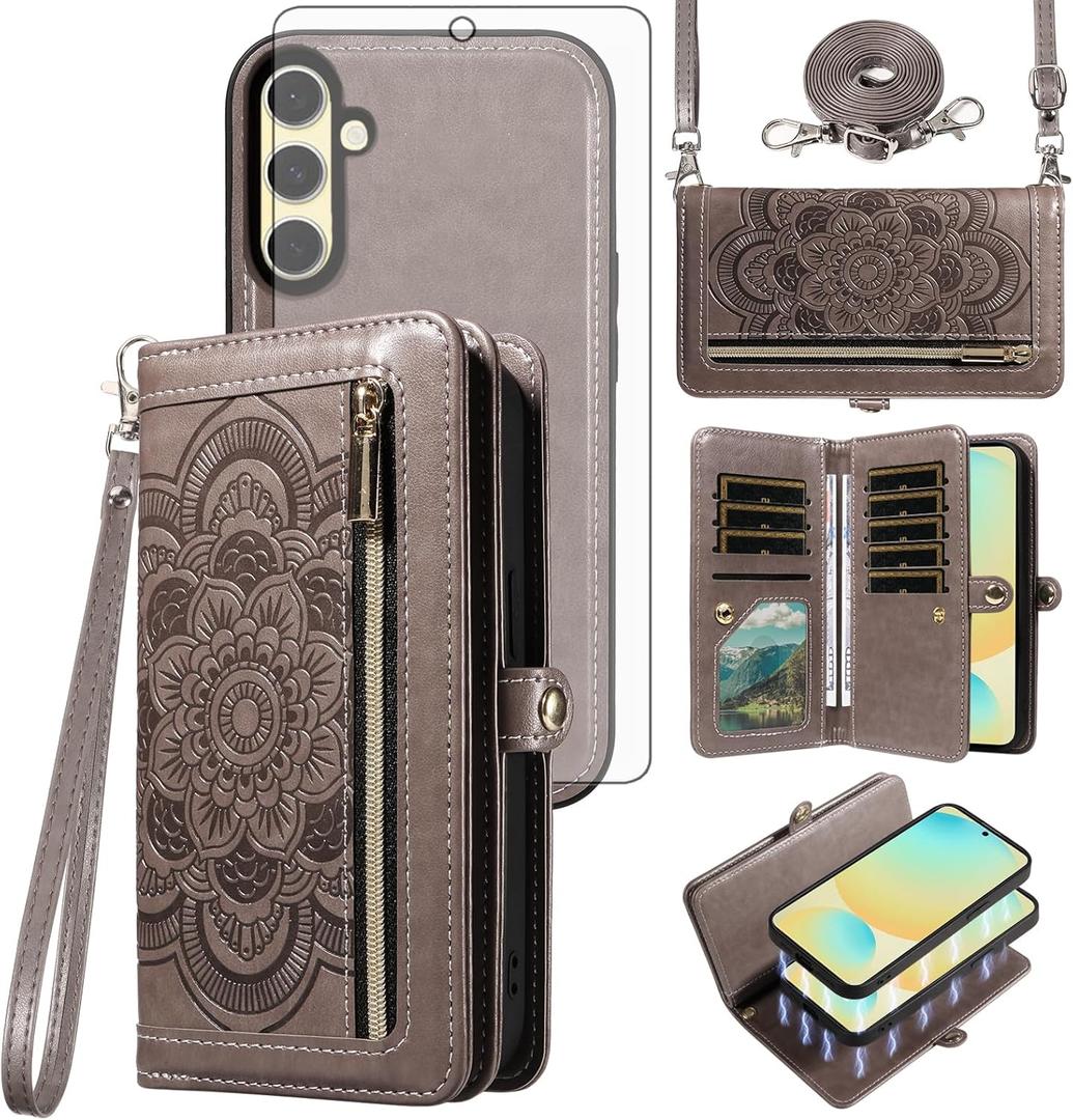 Asuwish Phone Case for Samsung Galaxy S24 FE 5G Zipper Wallet Magnetic Detachable Cell Cover with Tempered Glass Screen Protector Crossbody Strap Flower Credit Card Holder S 24 EF S24FE 24S Women Gray