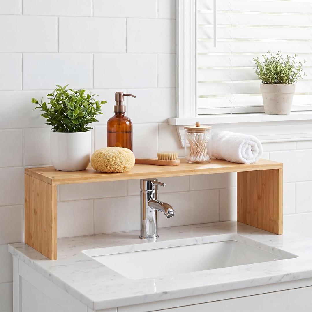 Menkxi Bamboo Over the Sink Shelf Bathroom Shelf Organizer Over the Faucet Wood Pedestal Soap Stand Farmhouse Bathroom Decor Over the Sink Shelves(29.92 x 7.87 x 10.04 Inches,Bamboo Color)