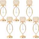 6 Pcs Gold Elegant Metal Crystal Tea Light Candle Holders with Crystal Pendants, Hollow Design - Wedding Table Centerpieces for Anniversary Birthday Party, Home Decor