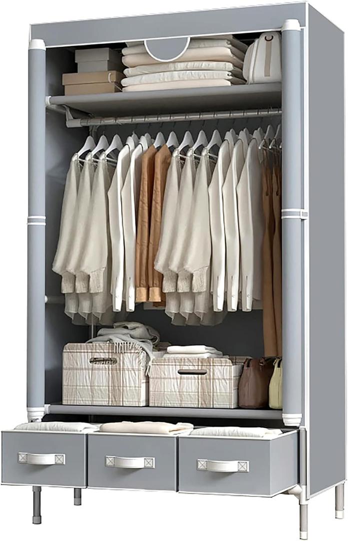 Portable Clothes Closet Rolling Door Wardrobe with Hanging Rack Non-Woven Fabric Storage Organizer with Three Drawer Boxes No-Tool Assembly - 35.4 x 17.7 x 67.0 (Gray), 90 x 45 x 170 centimeters