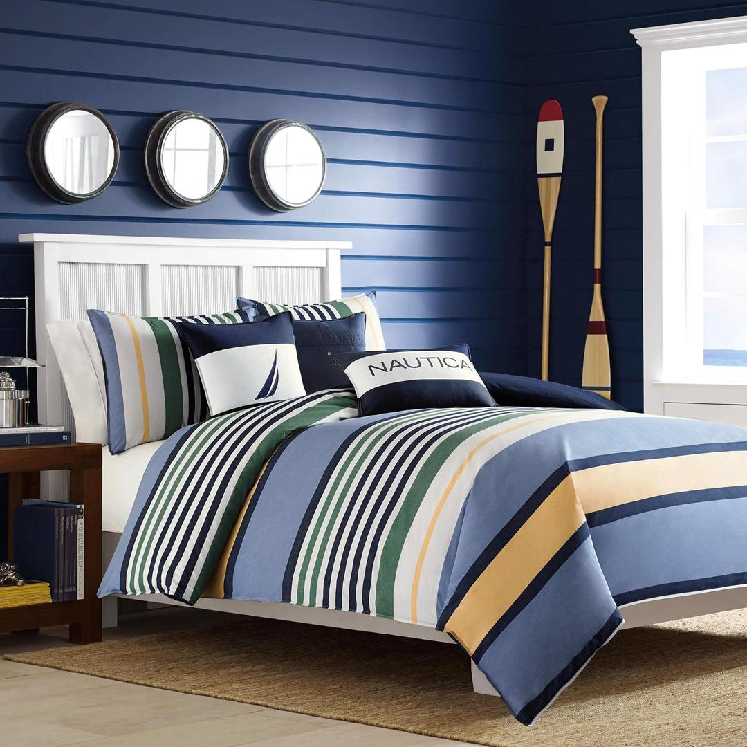 Nautica - Twin Comforter Set, Reversible Cotton Bedding with Matching Sham, Medium Weight for Year Round Use, Dorm Essentials, Oeko-Tex Certified (Dover Blue)