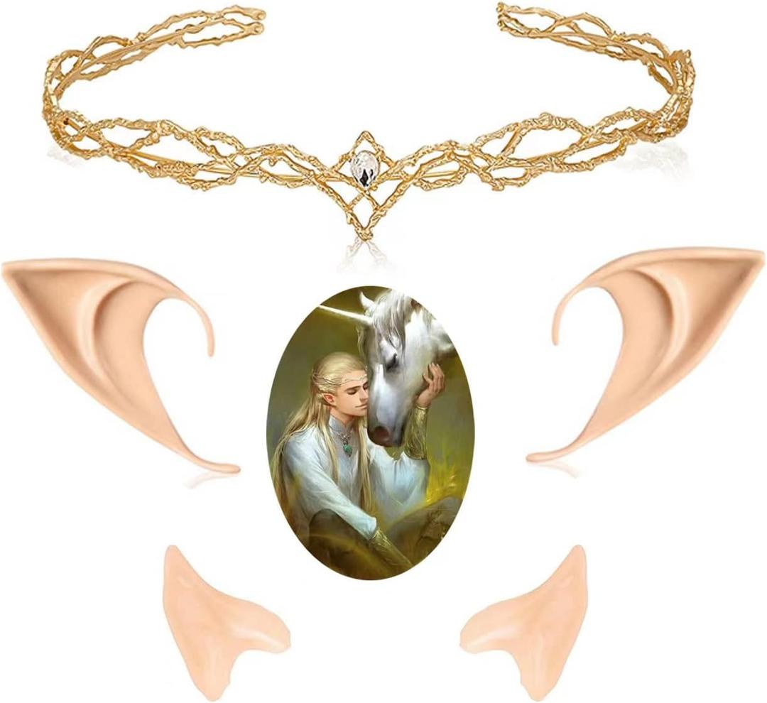 Rhinestone Circlet Crown Headpiece with Elf Ears Dress Up Halloween Cosplay Accessories (Gold)